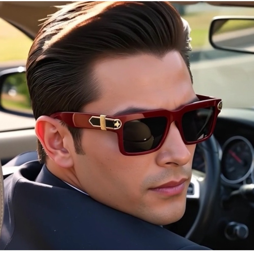Men's Red Square Frame Sunglasses Gold Accent Star Detail Luxury Fashion Lentes‎